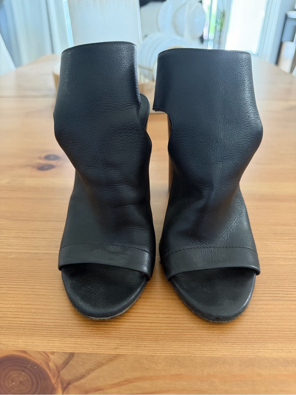 Vince Black Leather Peep-Toe Ankle Heels